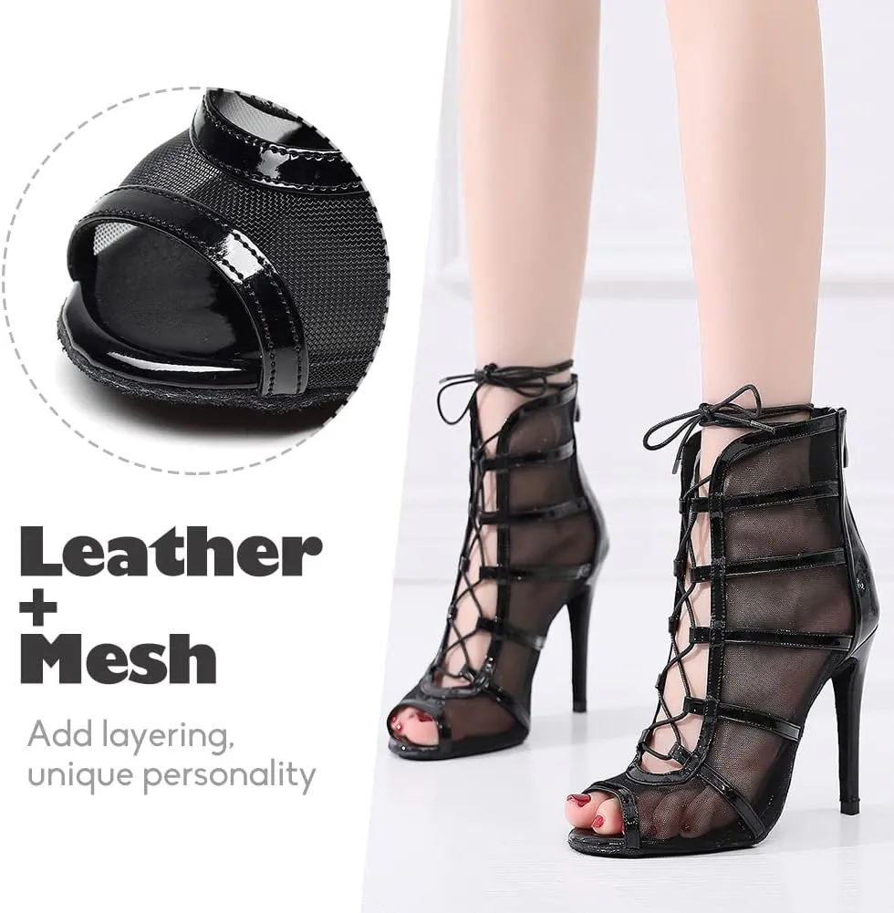 YKXLM Latin Dance Boots Salsa Bachata Performance Women Ballroom Lace-up Ankle Open Toe Dance Shoes