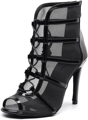 YKXLM Latin Dance Boots Salsa Bachata Performance Women Ballroom Lace-up Ankle Open Toe Dance Shoes