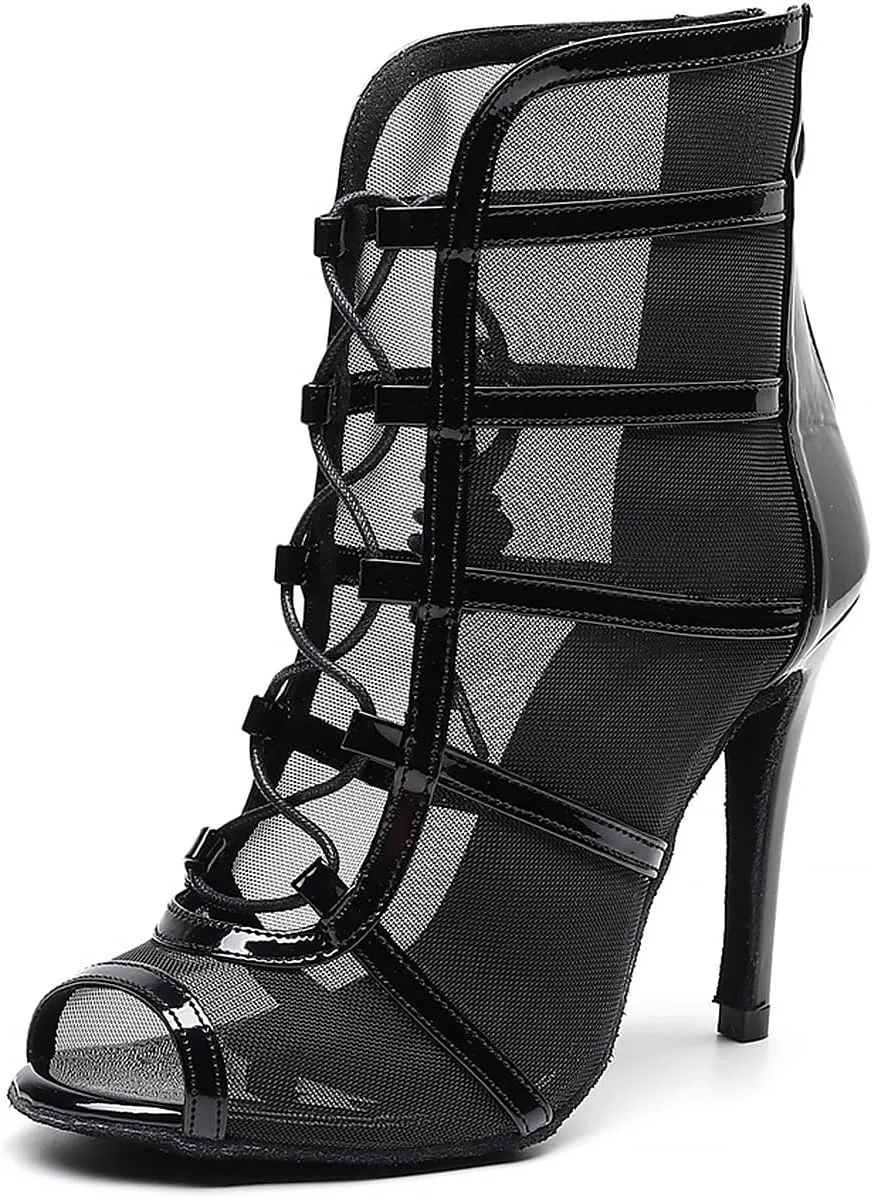 YKXLM Latin Dance Boots Salsa Bachata Performance Women Ballroom Lace-up Ankle Open Toe Dance Shoes