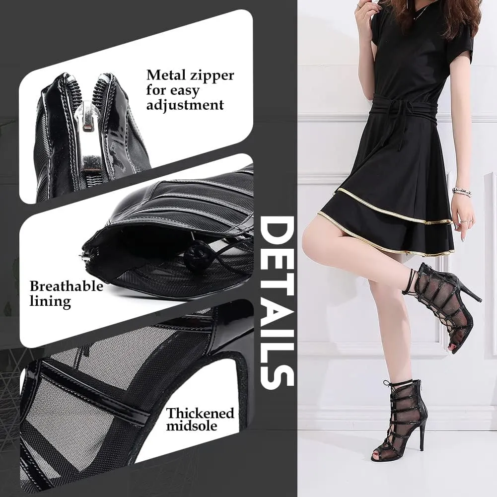 YKXLM Latin Dance Boots Salsa Bachata Performance Women Ballroom Lace-up Ankle Open Toe Dance Shoes