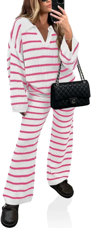 Yousify 2 Piece Sets for Women Long Sleeve V Neck Sweater Lounge Set Striped Fall Outfits 2024 S-2XL