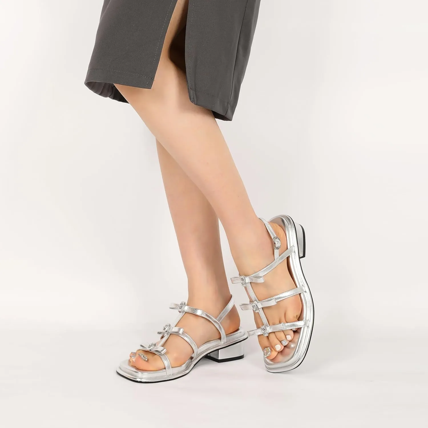 Zamikoo Womens Chunky Block Low Heel Sandals Square Toe Heels Strappy Summer Heeled Sandals Elastic Rhinestone Bow Sandals Cute Casual Dress Shoes 1.2 Inch