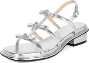 Zamikoo Womens Chunky Block Low Heel Sandals Square Toe Heels Strappy Summer Heeled Sandals Elastic Rhinestone Bow Sandals Cute Casual Dress Shoes 1.2 Inch