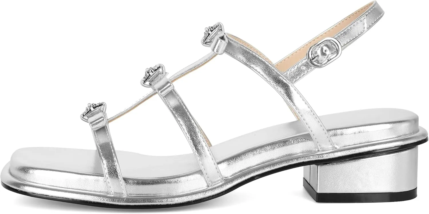 Zamikoo Womens Chunky Block Low Heel Sandals Square Toe Heels Strappy Summer Heeled Sandals Elastic Rhinestone Bow Sandals Cute Casual Dress Shoes 1.2 Inch