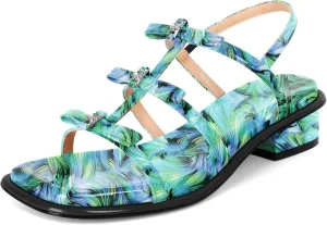 Zamikoo Womens Chunky Block Low Heel Sandals Square Toe Heels Strappy Summer Heeled Sandals Elastic Rhinestone Bow Sandals Cute Casual Dress Shoes 1.2 Inch