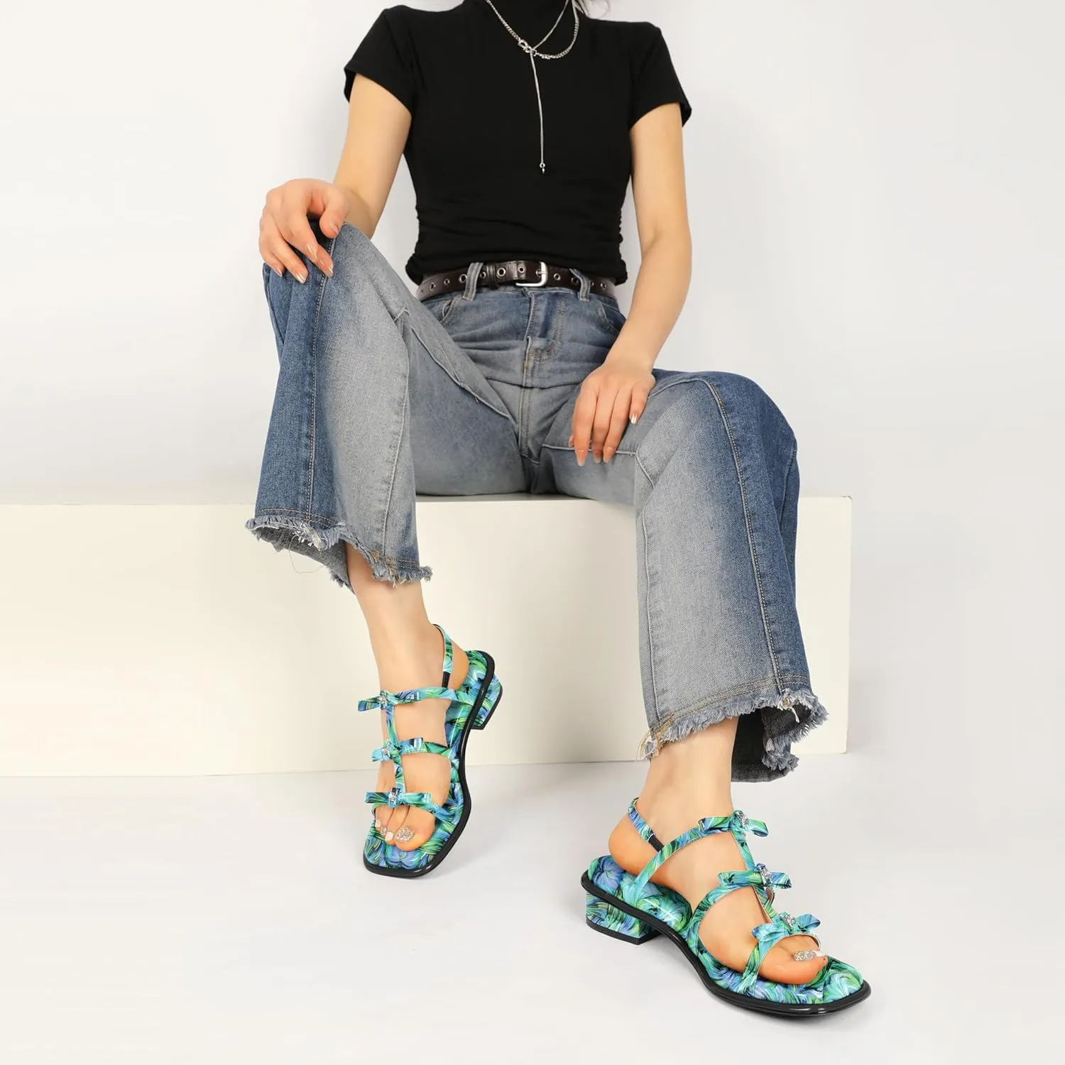 Zamikoo Womens Chunky Block Low Heel Sandals Square Toe Heels Strappy Summer Heeled Sandals Elastic Rhinestone Bow Sandals Cute Casual Dress Shoes 1.2 Inch
