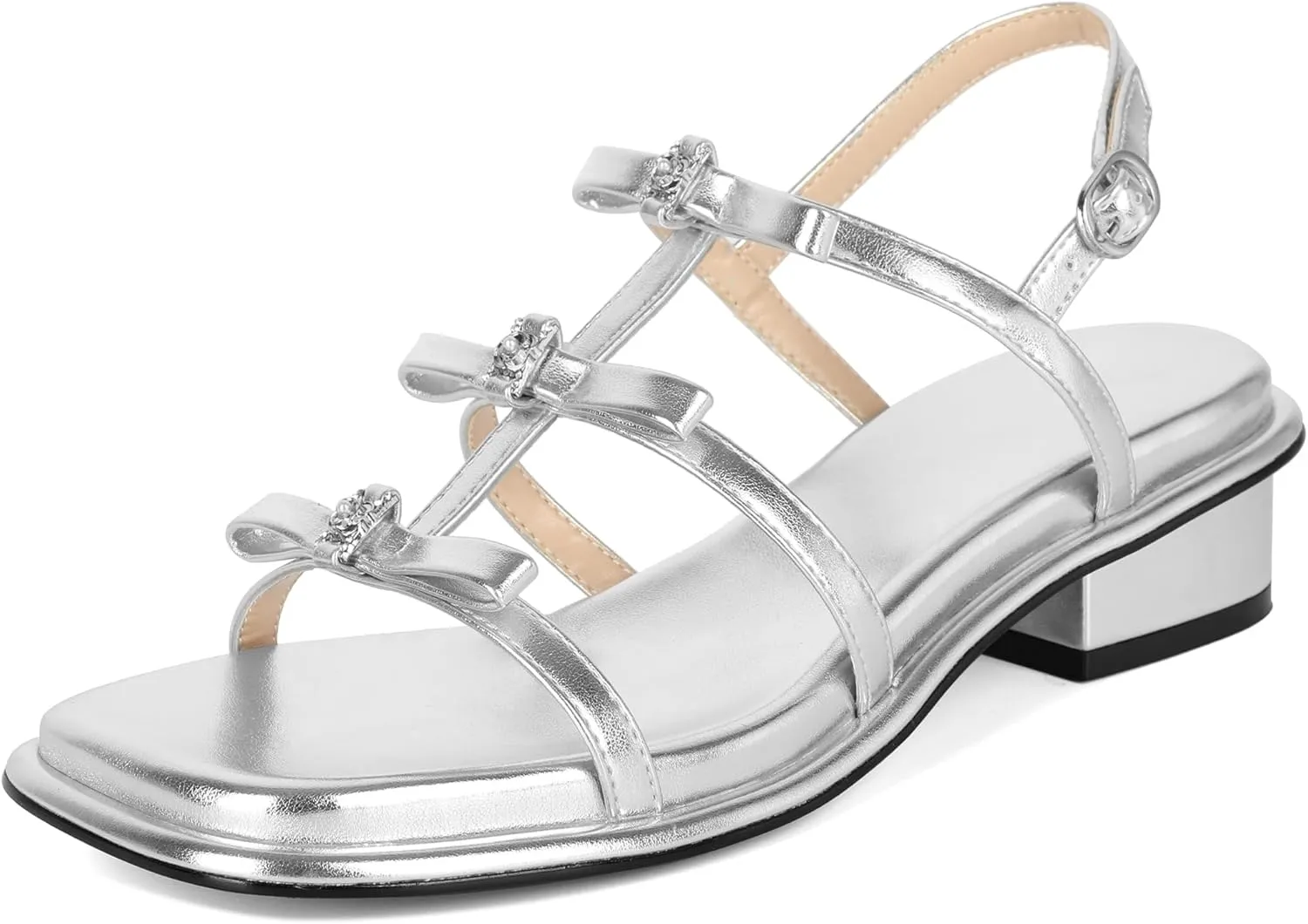 Zamikoo Womens Chunky Block Low Heel Sandals Square Toe Heels Strappy Summer Heeled Sandals Elastic Rhinestone Bow Sandals Cute Casual Dress Shoes 1.2 Inch