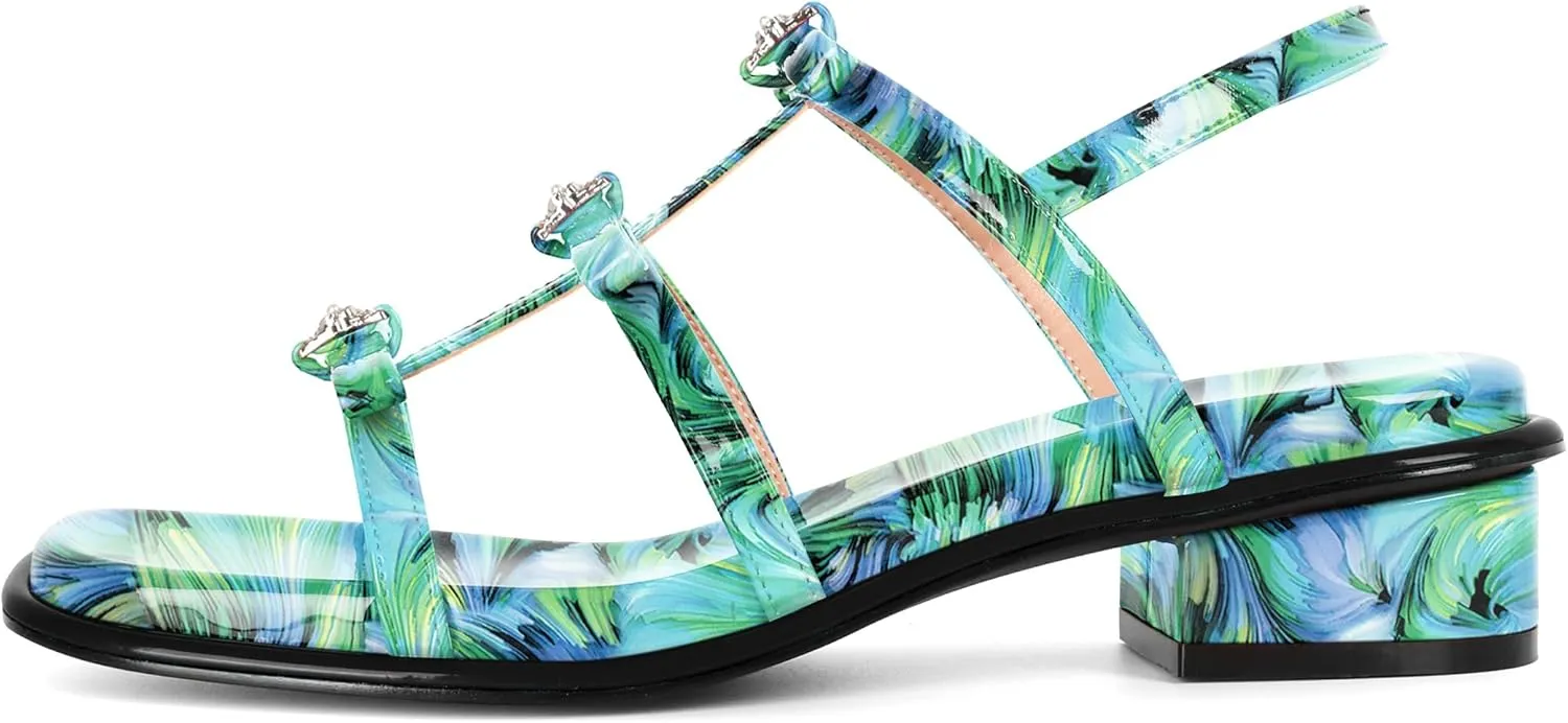 Zamikoo Womens Chunky Block Low Heel Sandals Square Toe Heels Strappy Summer Heeled Sandals Elastic Rhinestone Bow Sandals Cute Casual Dress Shoes 1.2 Inch