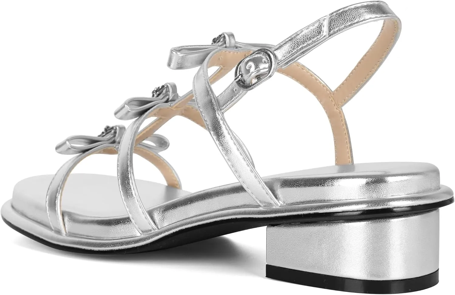 Zamikoo Womens Chunky Block Low Heel Sandals Square Toe Heels Strappy Summer Heeled Sandals Elastic Rhinestone Bow Sandals Cute Casual Dress Shoes 1.2 Inch