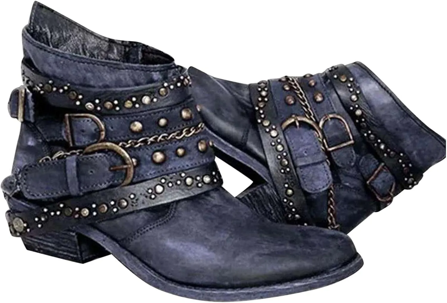 ZBYY Women's Ankle Boots Chunky Stacked Low Heeled Booties for Women Pointed Toe Retro Buckled Studded Combat Booties
