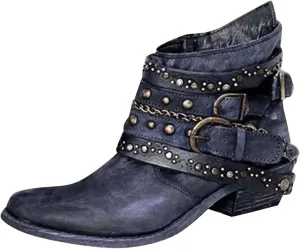 ZBYY Women's Ankle Boots Chunky Stacked Low Heeled Booties for Women Pointed Toe Retro Buckled Studded Combat Booties