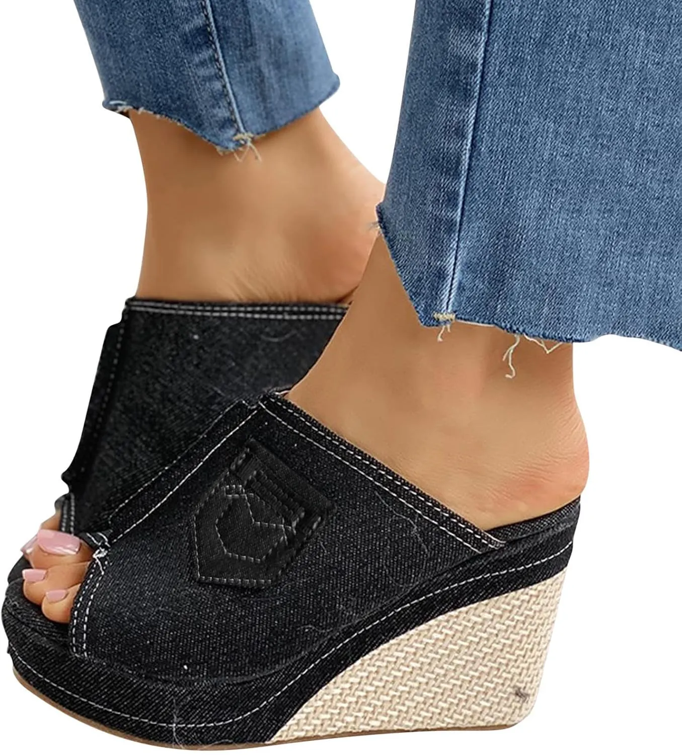 ZBYY Womens Denim Platform Wedges Sandals Summer Fish Mouth Sandals Slip On Thick Bottom Espadrille Sandal Slide