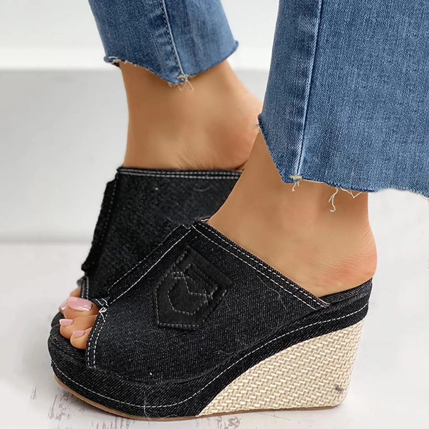 ZBYY Womens Denim Platform Wedges Sandals Summer Fish Mouth Sandals Slip On Thick Bottom Espadrille Sandal Slide