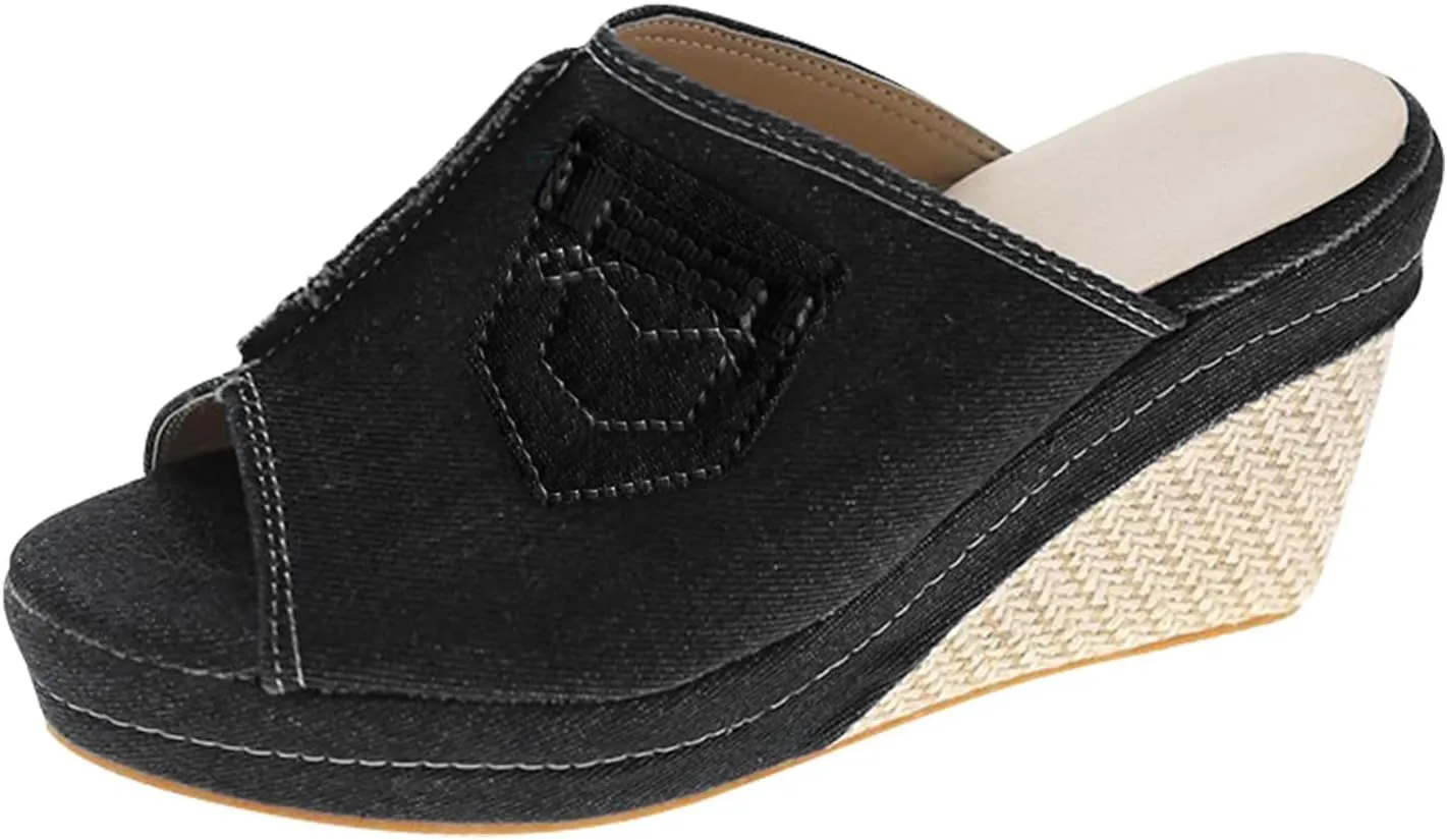 ZBYY Womens Denim Platform Wedges Sandals Summer Fish Mouth Sandals Slip On Thick Bottom Espadrille Sandal Slide