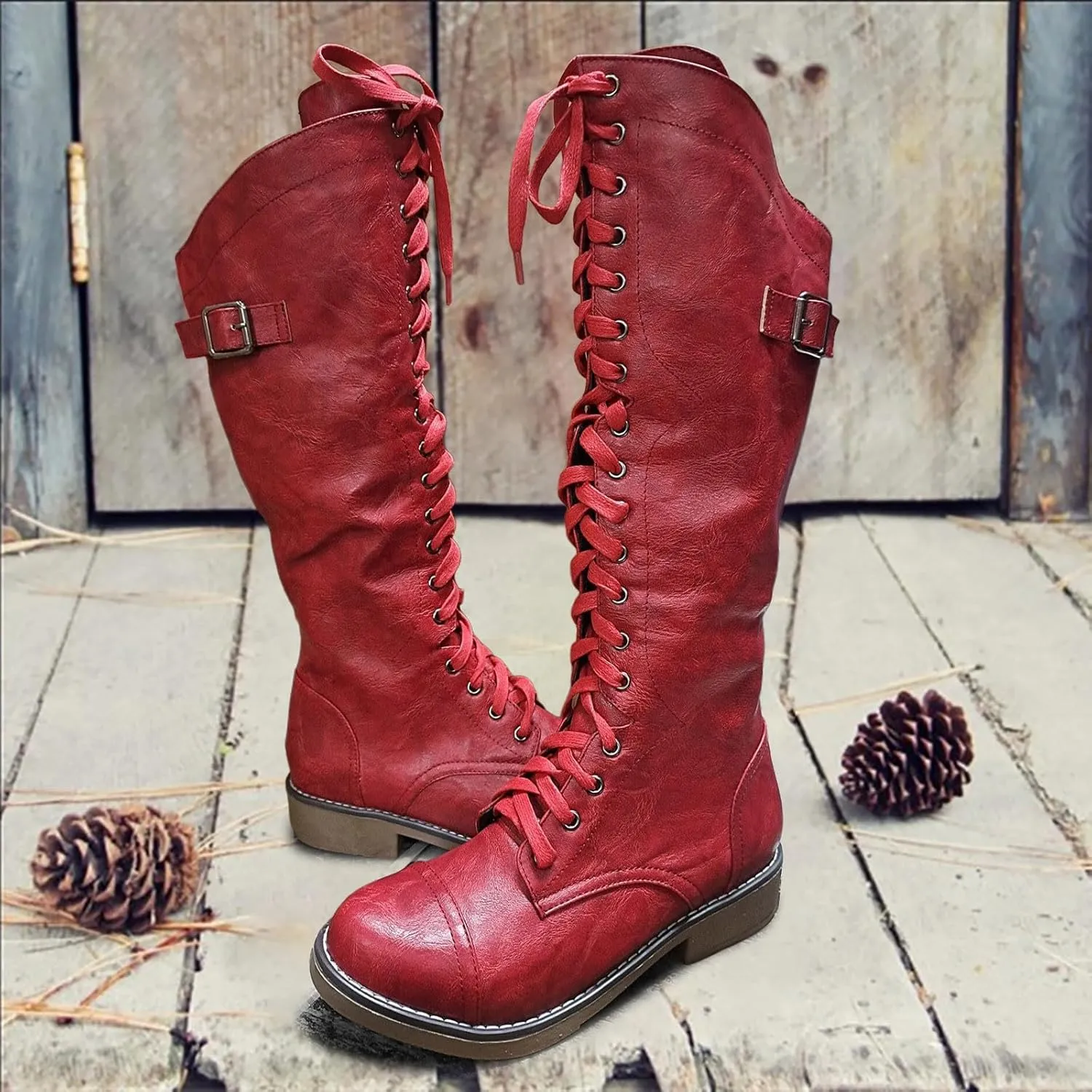 ZBYY Womens Knee High Buckle Riding Boots Winter Lace-up Platform Chunky Motorcycle Low Heel Boots for Women