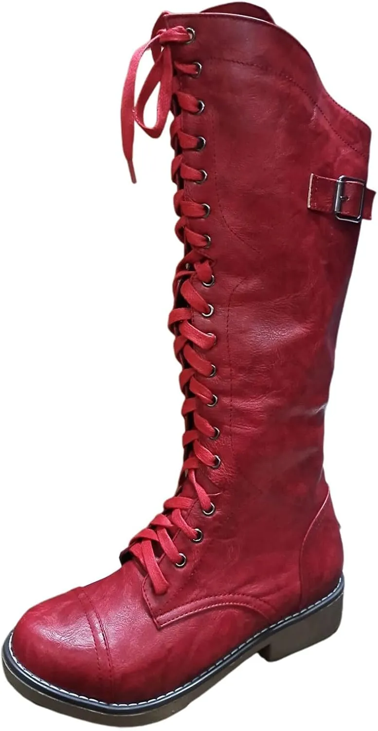 ZBYY Womens Knee High Buckle Riding Boots Winter Lace-up Platform Chunky Motorcycle Low Heel Boots for Women