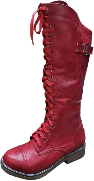 ZBYY Womens Knee High Buckle Riding Boots Winter Lace-up Platform Chunky Motorcycle Low Heel Boots for Women
