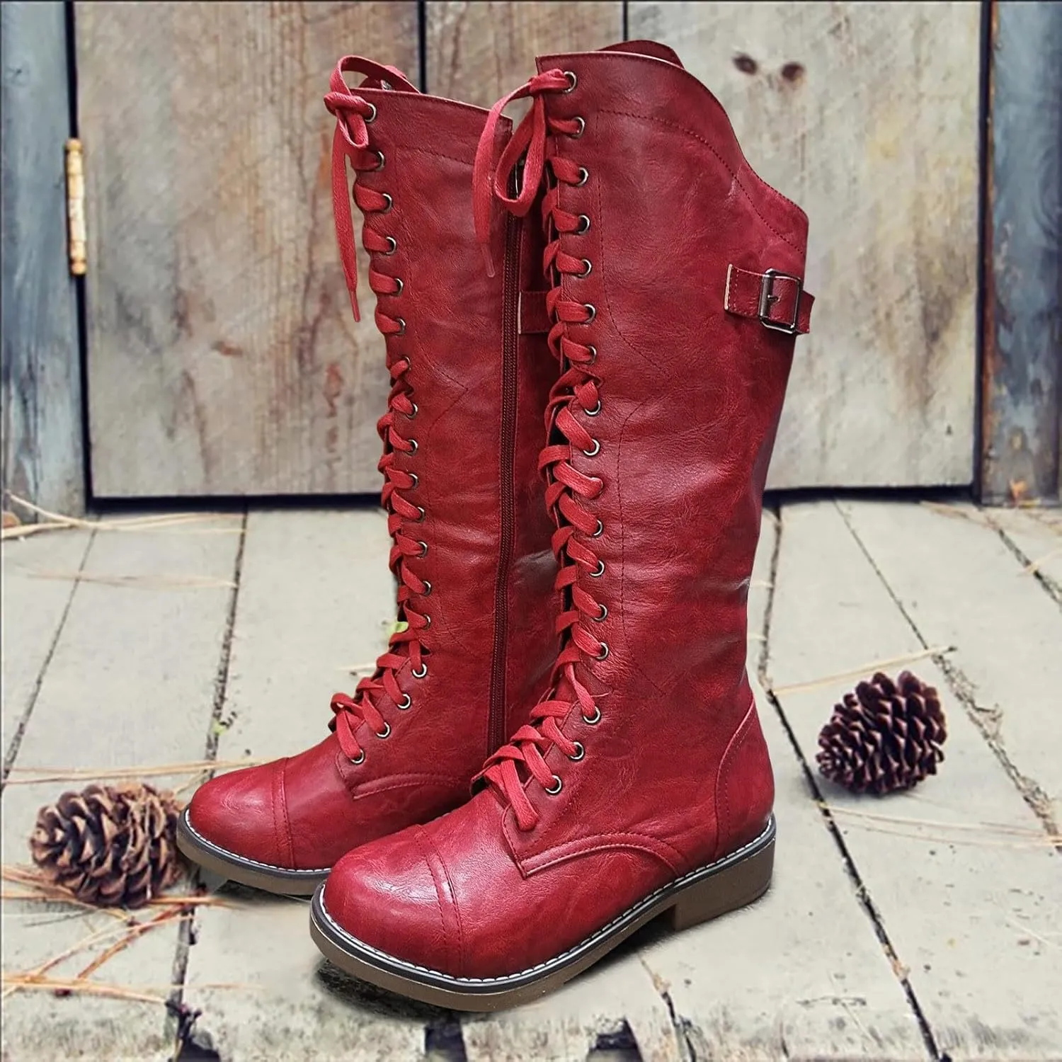 ZBYY Womens Knee High Buckle Riding Boots Winter Lace-up Platform Chunky Motorcycle Low Heel Boots for Women