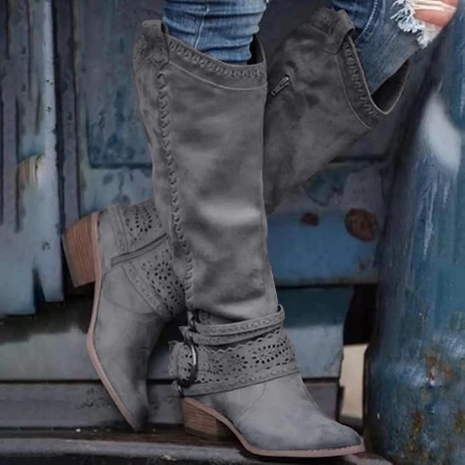 ZBYY Women's Motorcycle Knee High Boots,Low Heels Wide Calf Riding Boots Winter Fashion Buckles Knee High Boots