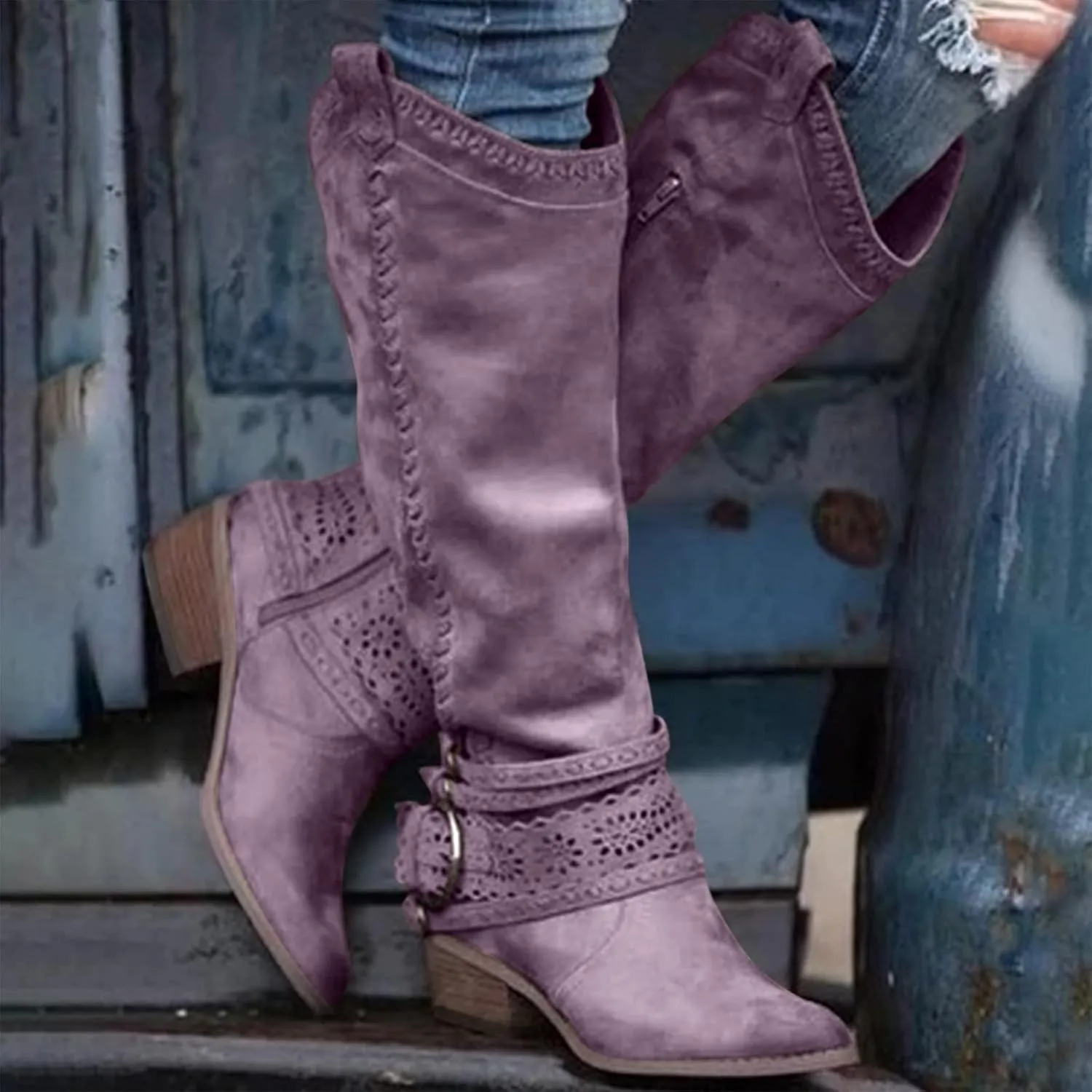 ZBYY Women's Motorcycle Knee High Boots,Low Heels Wide Calf Riding Boots Winter Fashion Buckles Knee High Boots