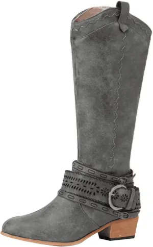 ZBYY Women's Motorcycle Knee High Boots,Low Heels Wide Calf Riding Boots Winter Fashion Buckles Knee High Boots