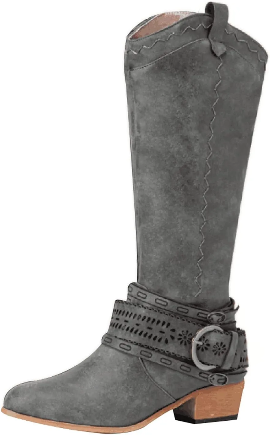 ZBYY Women's Motorcycle Knee High Boots,Low Heels Wide Calf Riding Boots Winter Fashion Buckles Knee High Boots