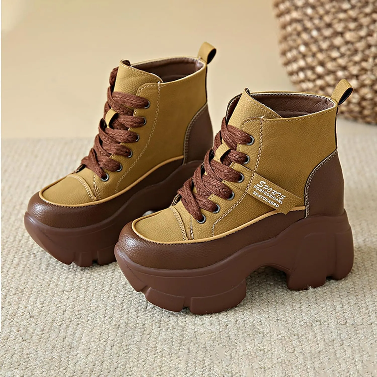 Zeberfi Women's Platform Heighten Leather Ankle Boots Retro British Style Velvet Lining Round-Toe Lace Up Casual Booties Fashion Lightweight Comfortable Mid Calf Thick Sole Combat Boot