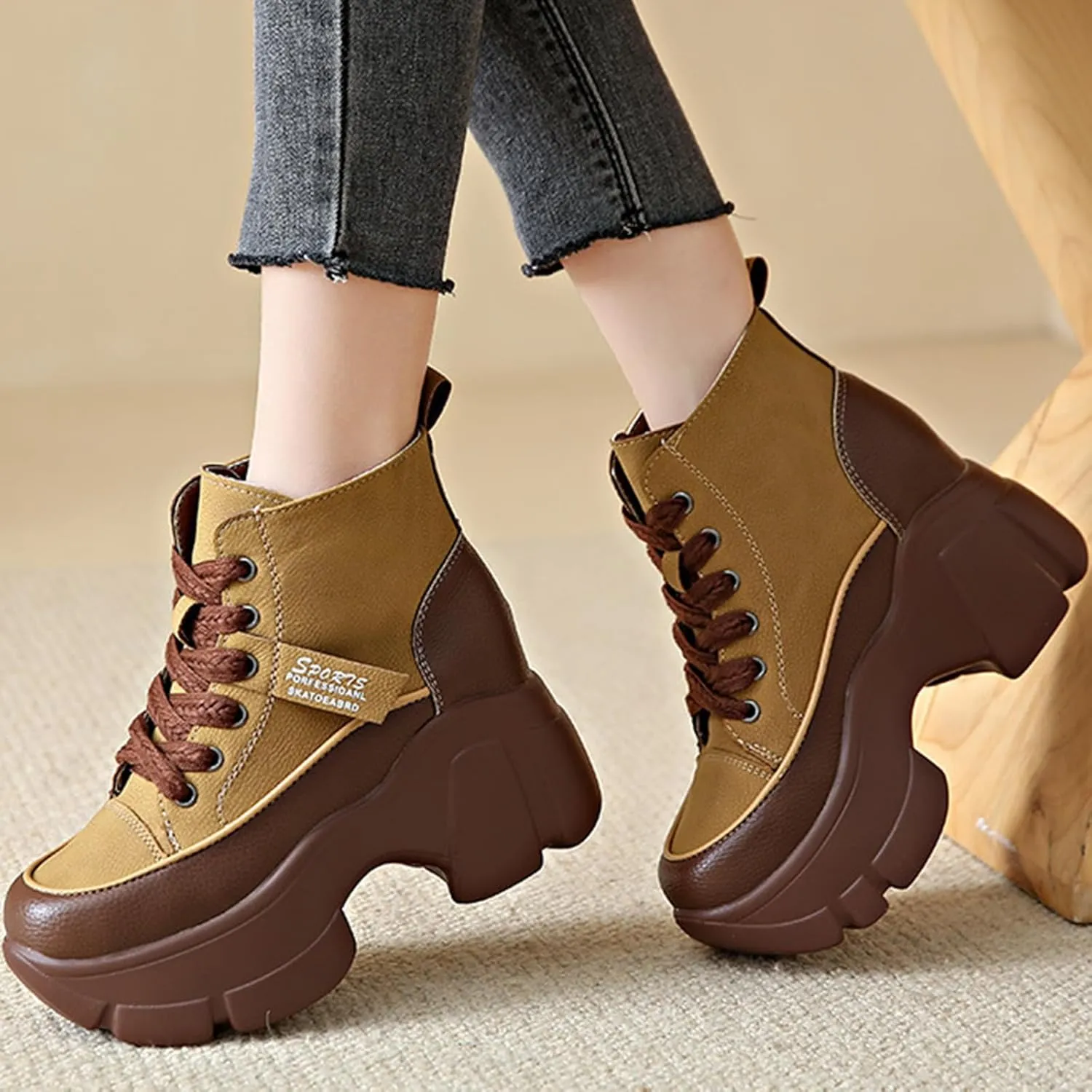 Zeberfi Women's Platform Heighten Leather Ankle Boots Retro British Style Velvet Lining Round-Toe Lace Up Casual Booties Fashion Lightweight Comfortable Mid Calf Thick Sole Combat Boot